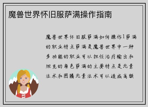 魔兽世界怀旧服萨满操作指南