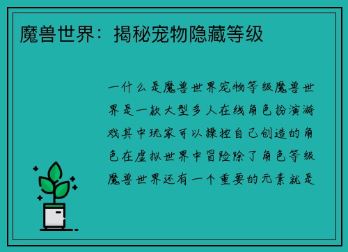 魔兽世界：揭秘宠物隐藏等级