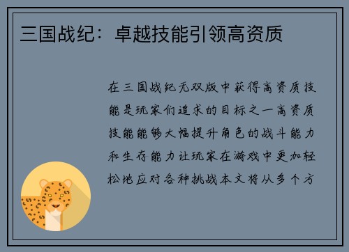 三国战纪：卓越技能引领高资质